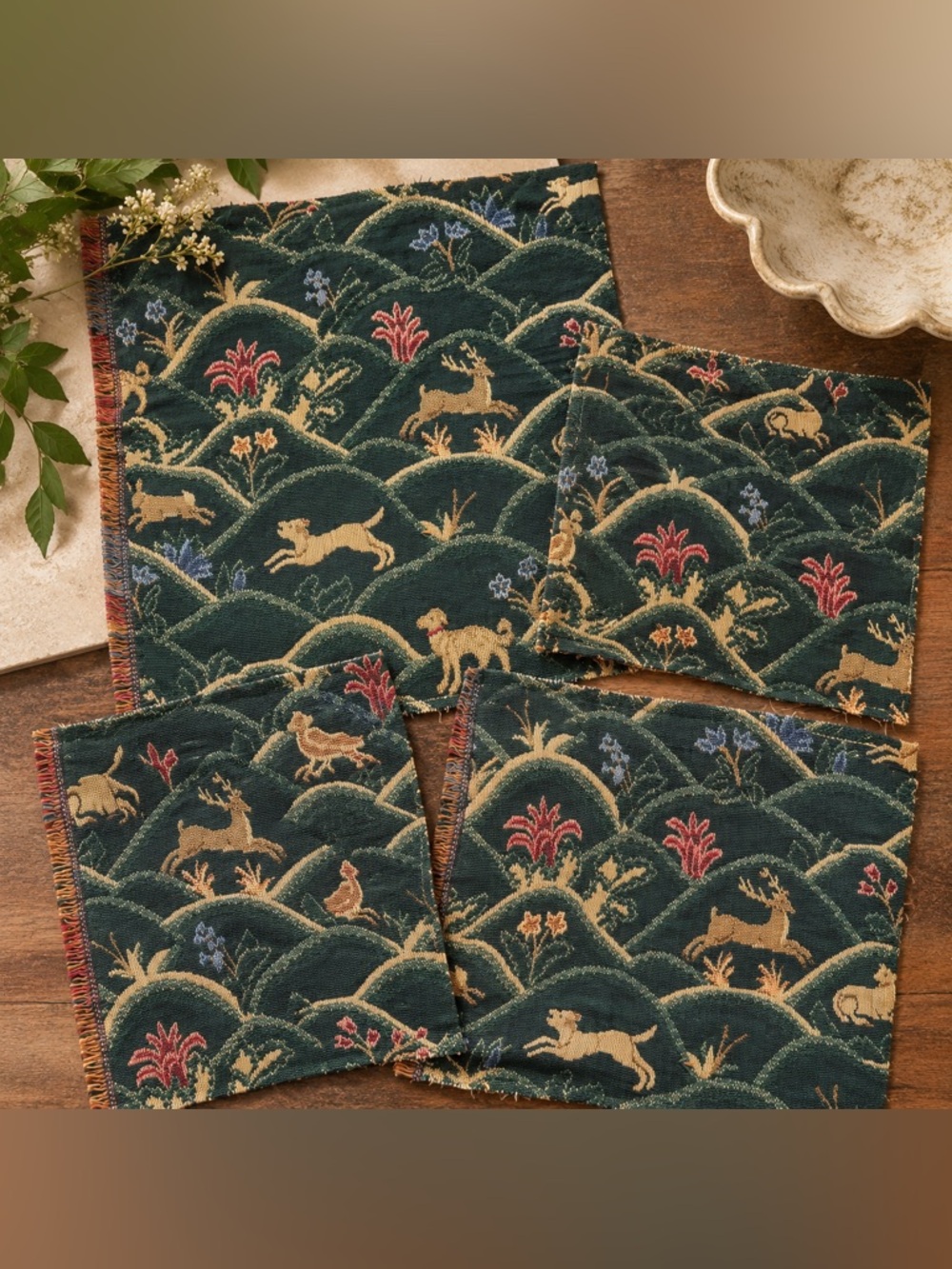 Vintage Woodland Animals Woven Jacquard Tapestry Fabric Samples Deer Rabbit Dog